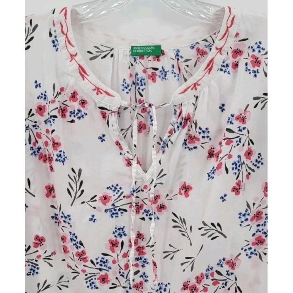 United‎ Colors Of Benetton Size S White Floral Embroidered Collar 3/4 Sleeve Top